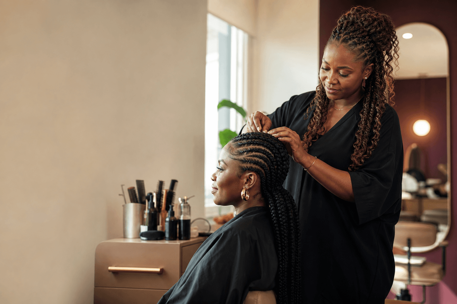 Beauty professional working with a client in a modern salon